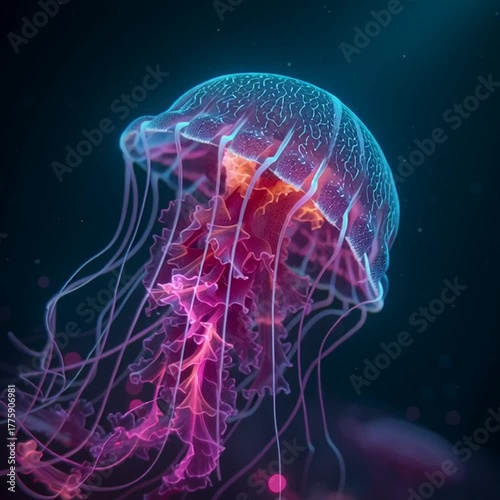 Close-up of a jellyfish emitting ethereal pink and turquoise light, tentacles swirling gracefully through the dark ocean.