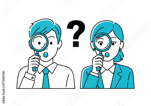 Two people with magnifying glasses looking confused with a question mark - Flat Vector Illustration. Colored vector illustration
