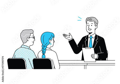 Man in suit explains ideas to two people sitting down hearing discussion business meeting - Flat Vector Illustration. Colored vector illustration