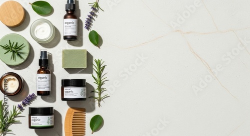 Organic skincare products on a marble background with green and purple leaves.