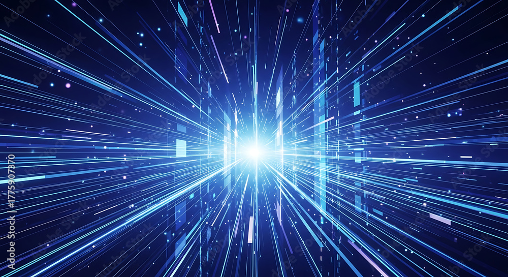 Fototapeta premium Abstract blue light streaks and particles exploding outwards image