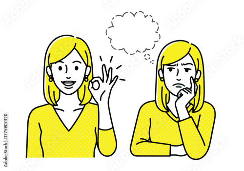 Two women expressing contrasting emotions one happy and okay the other sad and pensive - Flat Vector Illustration. Colored vector illustration