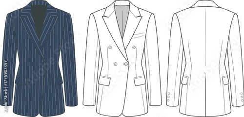 Blazer jacket template, fashion flat sketch, vector illustration, pinstripe design, double breasted style, tailored clothing mockup, apparel silhouette, cad drawing