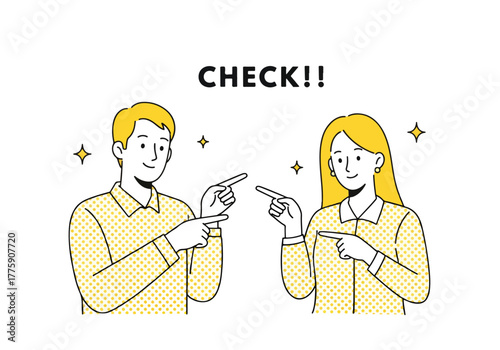 Man and woman check together with sparkles and text check exciting moment - Flat Vector Illustration. Colored vector illustration