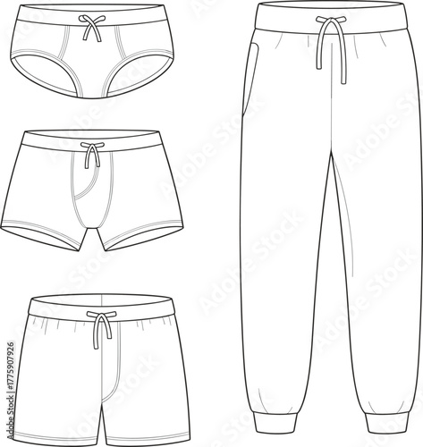 Men’s lower body garments, fashion flat sketch, vector illustration, briefs, boxer shorts, casual shorts, sweatpants template, apparel mockup, cad drawing