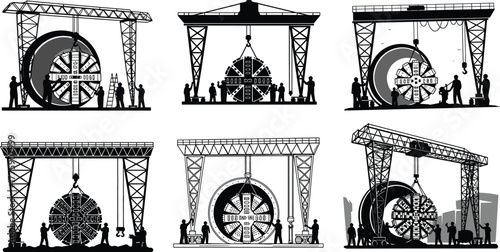Silhouette vector illustration of tunnel boring machine assembly with cranes, workers, inspection, heavy machinery, engineering, construction, maintenance, teamwork, safety, and industry