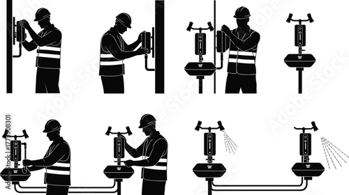 Silhouette vector illustration of worker installing sensor device, connecting cables, adjusting control panel, performing maintenance, safety, construction, engineering, monitoring, and industry