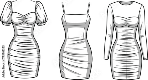 Ruched bodycon dress, fashion flat sketch, vector illustration, puff sleeve design, spaghetti strap style, long sleeve option, apparel mockup, cad drawing