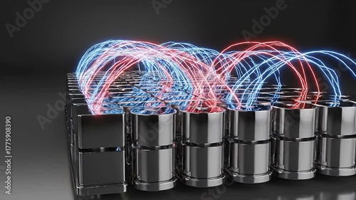 Futuristic Battery Array Charging with Glowing Energy Streams.