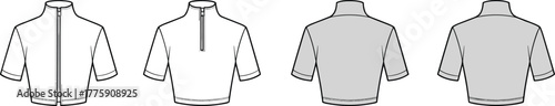 Short sleeve zip top, fashion flat sketch, vector illustration, half zip design, full zip option, apparel mockup, clothing silhouette, cad drawing
