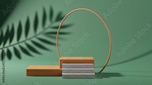 Minimalist display stage with wood blocks, stone steps, and arched frame