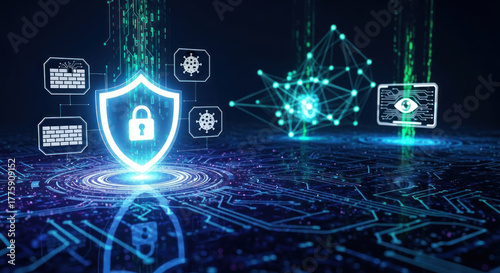 A glowing blue shield with a padlock icon and various security icons floating around it on a dark blue and green digital background.