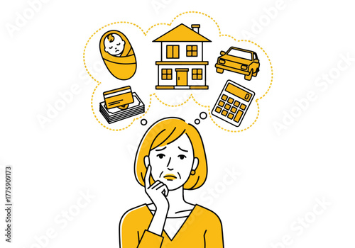 Woman contemplating life goals and financial planning with baby house car calculator icons - Flat Vector Illustration. Colored vector illustration