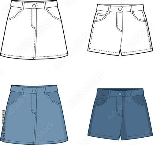 Shorts template, fashion flat sketch, vector illustration, pocket design, button front style, apparel mockup, clothing silhouette, casual wear, cad drawing