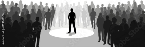 A spotlight shines a single person in a crowd, symbolizing individuality, leadership, and standing out from rest
