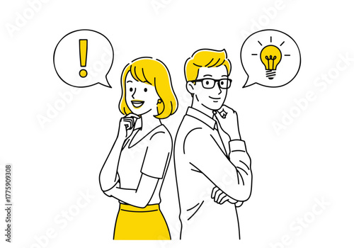 Man and woman brainstorming ideas together showing an exclamation mark and a lightbulb - Flat Vector Illustration. Colored vector illustration