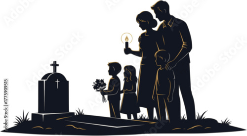 All souls day with family visiting grave and lighting candle to remember dead
