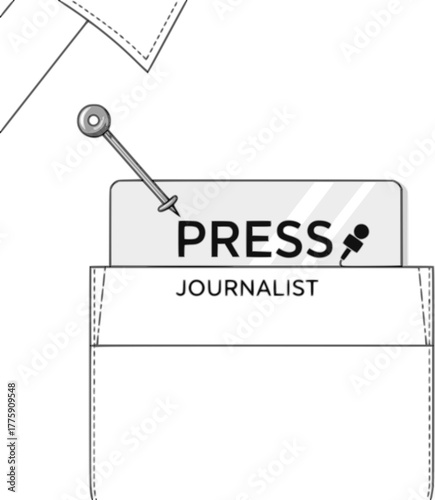 Journalist press card with a metal pin, attached to shirt pocket as official ID, flat art design style.
