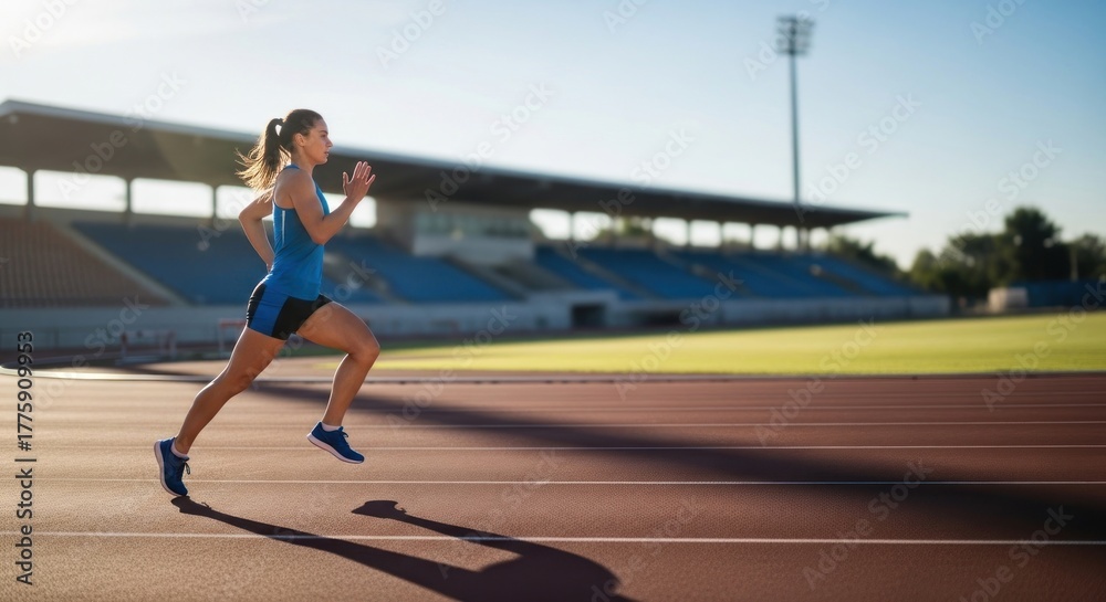 Fototapeta premium A female athlete running on a track with a stadium in the background.