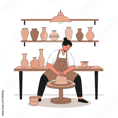 Ceramist shaping clay on a pottery wheel in a bright workshop is captured in a detailed flat 2D vector illustration showing finished vases lined up on a background shelf.