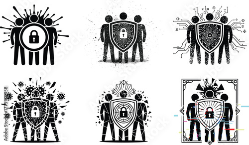 PrintCybersecurity, shield protection, digital lock, team security, virus defense, data privacy, network safety, encryption, modern illustration, black and white concept