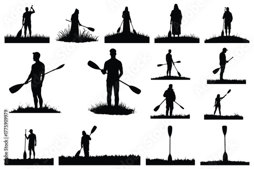 Silhouettes of people holding paddles on grass person