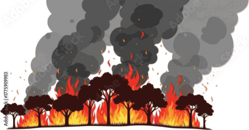 A row of trees burning in flames with heavy smoke rising, a sign of environmental destruction due to forest fires, flat art design style.
