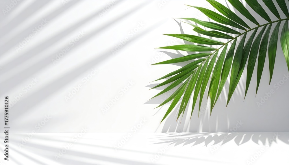 Fototapeta premium Minimal palm leaf and shadows on a white wall Background