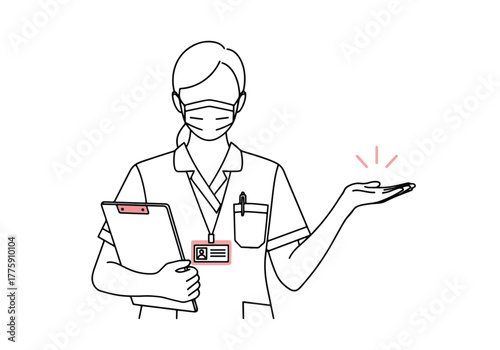 Nurse holding clipboard and offering care with gentle touch in simple sketch style - Flat Vector Illustration. Colored vector illustration
