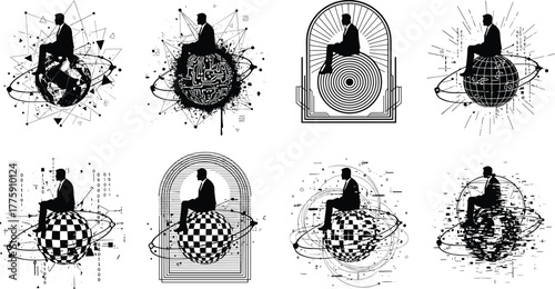 PrintDigital introspection, abstract globe, orbit rings, binary code, silhouette figure, conceptual design, technology, glitch art, data sphere, modern illustration