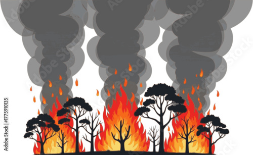 A row of trees burning in flames with heavy smoke rising, a sign of environmental destruction due to forest fires, flat art design style.
