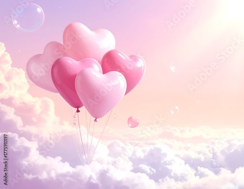 Pastel-toned image heart-shaped balloons float over fluffy clouds
