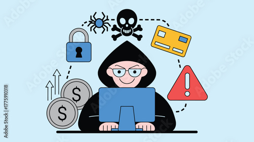 Cartoon Hacker Stealing Credit Card Information, Money, Warning Signs, Spider, Skull on Light Blue Background