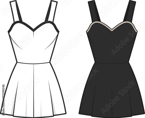 Sleeveless sweetheart dress, fashion flat sketch, vector illustration, flared skirt design, wide strap style, apparel mockup, clothing silhouette, cad drawing