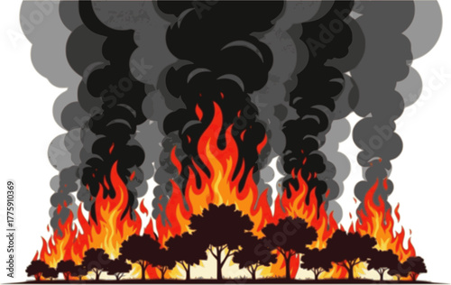 A row of trees burning in flames with heavy smoke rising, a sign of environmental destruction due to forest fires, flat art design style.
