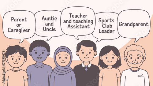 Cartoon Illustration of Diverse Community Members Including Parents, Teachers, Relatives, and Grandparents Grouped Together