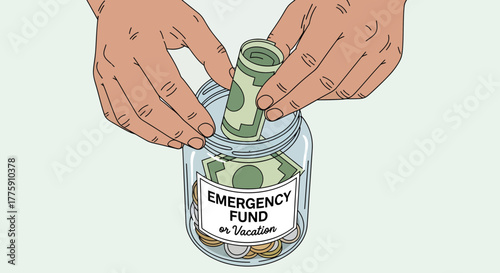 Hands Saving Money in Jar Labeled 'Emergency Fund or Vacation'