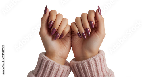 Elegant hands showcase stunning almond shaped nails with rich berry polish, perfect for beauty, fashion, and salon promotions