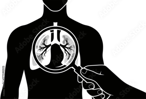 Silhouette of a human examined with a magnifying glass, symbolizing medical diagnosis for pneumonia or lung disease, flat art design style.
