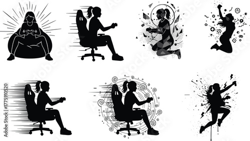 PrintGamers, video game, gaming chair, controller, headset, victory pose, immersive play, motion lines, abstract style, dynamic action, excitement, virtual reality, competitive gaming