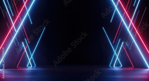 A neon-lit stage with geometric shapes and glowing lines.