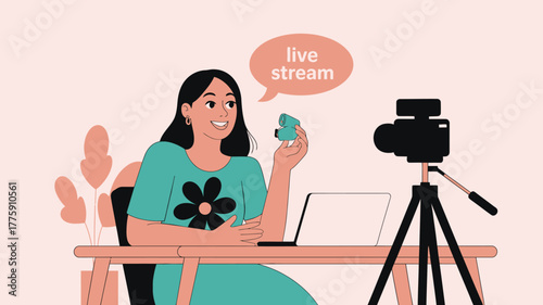 Cartoon Woman Live Streaming with Camera, Laptop, Product Demonstration on Desk in Studio