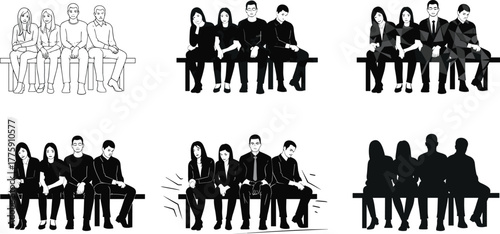 PrintGroup of people sitting on bench, artistic styles, silhouette, line art, grayscale, motion, formal attire, teamwork, diversity, illustration set