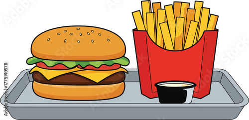 Juicy cheeseburger and crispy fries combo meal on tray vector
