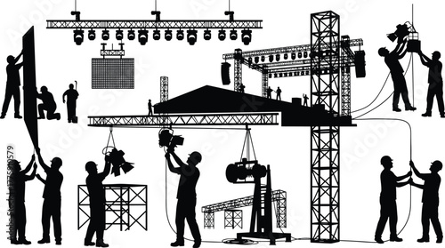 Silhouette vector illustration of workers assembling concert stage, installing lighting rigs, handling cables, scaffolding, teamwork, safety, construction, event setup, performance, and industry
