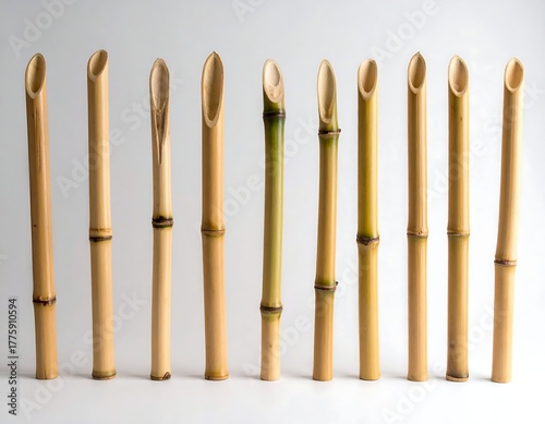 Ten bamboo stalks with cut ends, varying colors, placed against a white backdrop