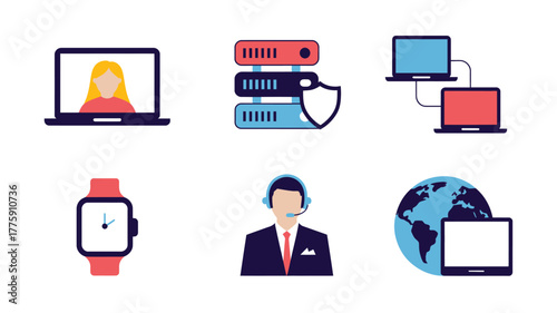 Depiction of Networking, Customer Service, Data Servers, Video Conferencing, and Global Reach in Illustration