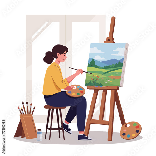 Young artist sitting on a stool, intensely focused while painting a vibrant landscape illustration on an easel in a bright studio, depicted in a clean 2D flat vector style.