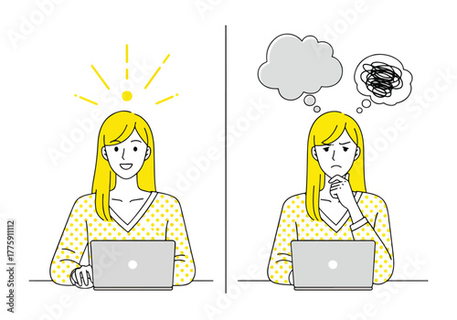 Frustrated woman working on laptop feeling overwhelmed with tasks and thoughts - Flat Vector Illustration. Colored vector illustration