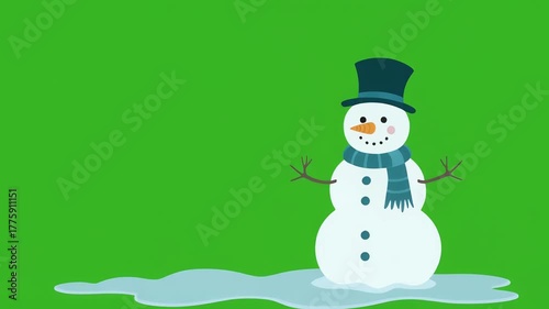 A cartoon snowman with a blue scarf and black hat stands on melting snow against a green background.